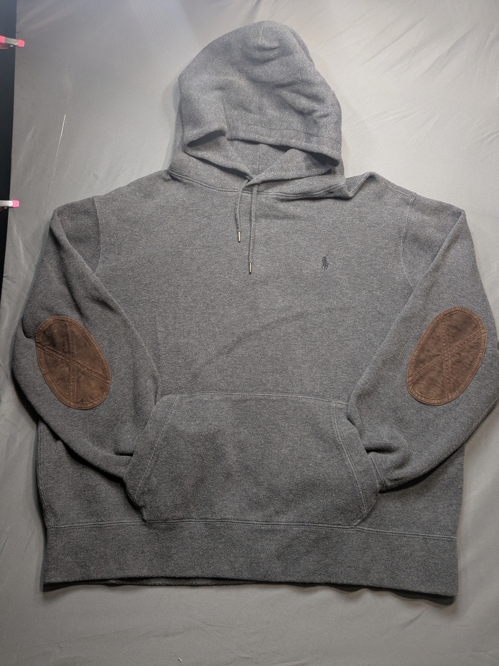 Polo by Ralph Lauren Gray Hooded Sweatshirt with Brown Elbow Patches